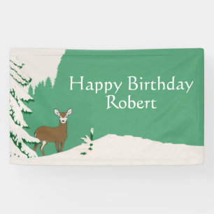 Happy Birthday Brown Doe Deer Pine Tree Snow Green Banner
