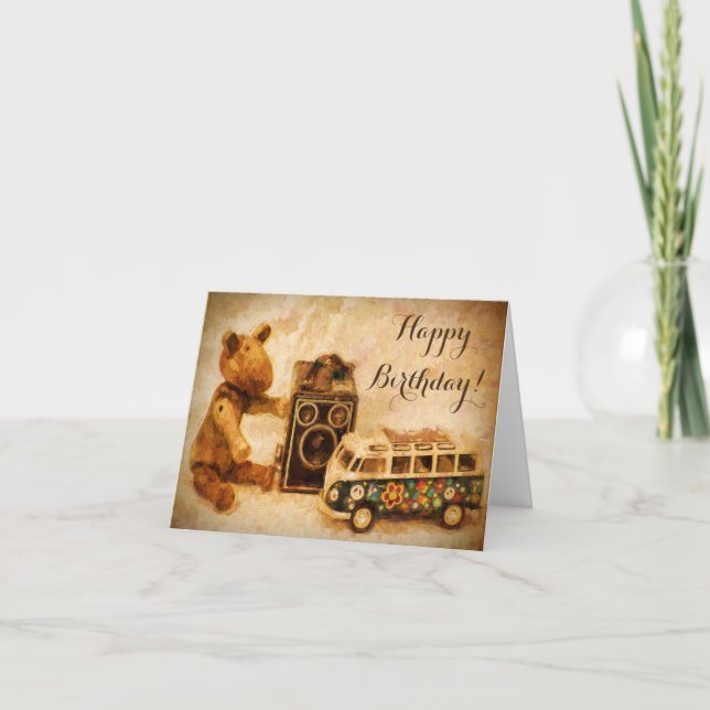 Happy Birthday brown wooden vintage toys camera Card (Front)