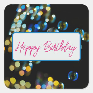 Happy Birthday Bubbles Custom Text Fancy Script Square Sticker