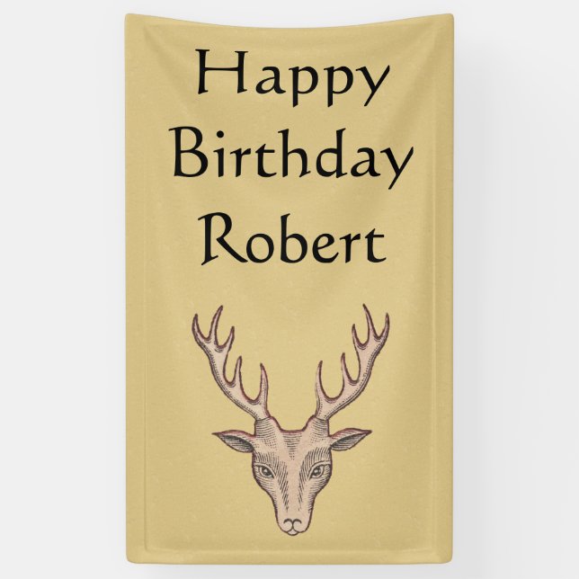 Happy Birthday Buck Deer Head Antlers Tan Banner (Vertical)