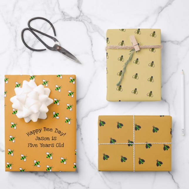Happy Birthday Bumble Bees Set of 3 Wrapping Paper Sheet (Front)