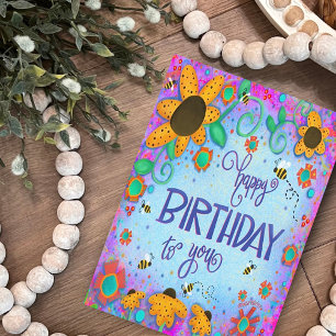 Happy Birthday Bumblebee Whimsical Flowers Card