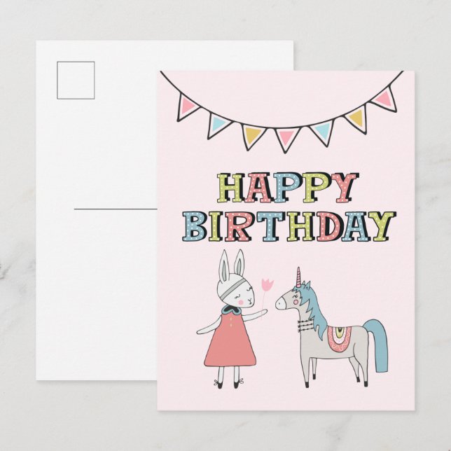 Happy Birthday Bunny and Unicorn Postcard (Front/Back)