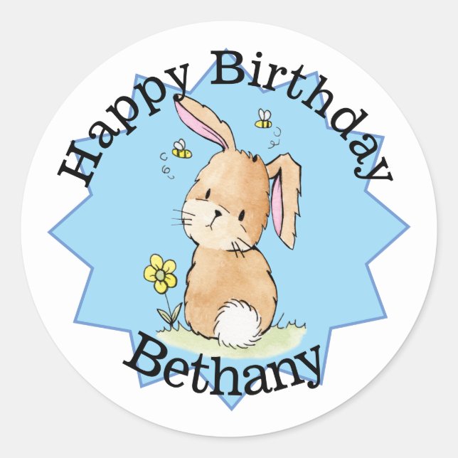 Happy Birthday Bunny Personalised Classic Round Sticker (Front)