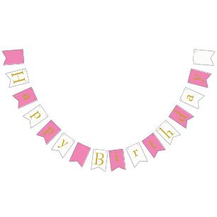 Happy Birthday Bunting Banner Pink White Gold