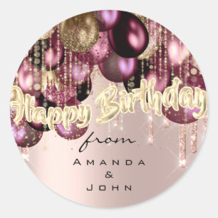 Happy Birthday Burgundy Drips Gold BALLOONS Glam Classic Round Sticker