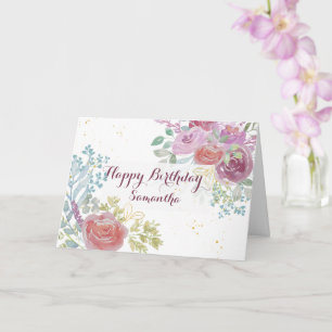 Happy Birthday Burgundy floral Watercolor Card