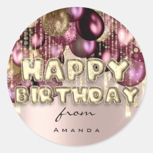 Happy Birthday Burgundy GOLD GLITTER BALLOONS Classic Round Sticker