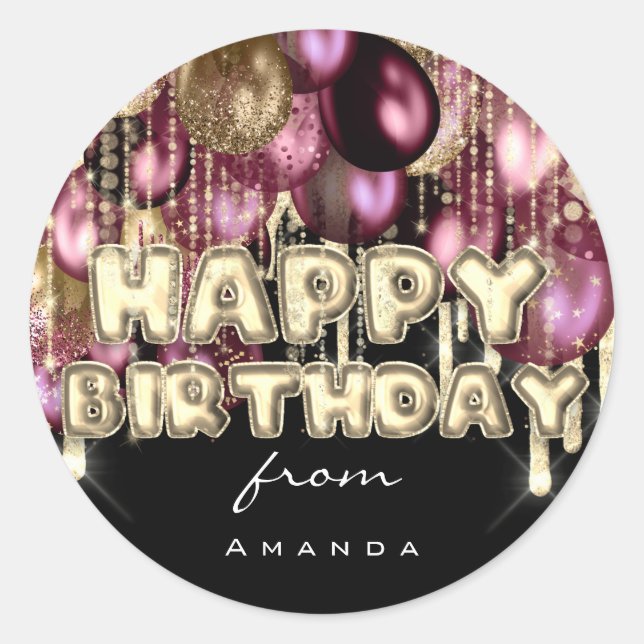 Happy Birthday Burgundy Silver Gold BALLOONS Black Classic Round Sticker (Front)