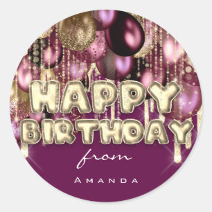 Happy Birthday Burgundy Silver Gold BALLOONS VIP Classic Round Sticker