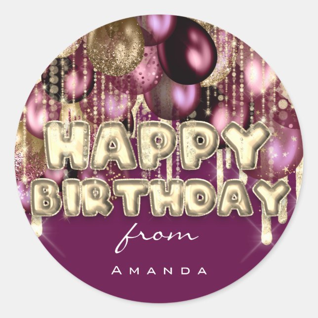Happy Birthday Burgundy Silver Gold BALLOONS VIP Classic Round Sticker (Front)