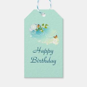 Happy Birthday Butterflies and Flower Blossoms Gift Tags