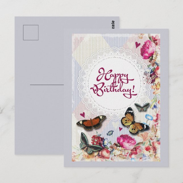  Happy Birthday Butterflies and Flowers Postcard (Front/Back)