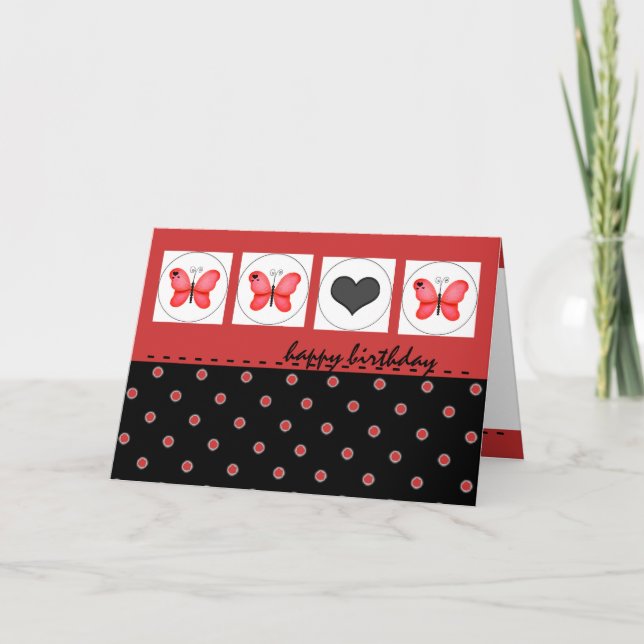Happy Birthday Butterflies and Polka Dot Red Card (Front)