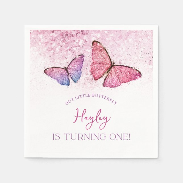 Happy Birthday Butterfly Girl 1st Birthday Party Napkin (Front)