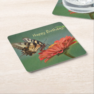 Happy Birthday Butterfly On Zinnia Square Paper Coaster
