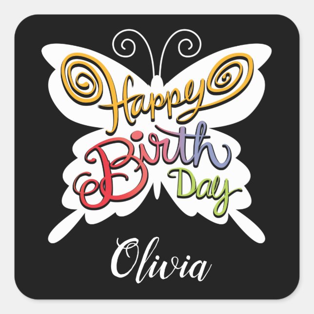  Happy Birthday Butterfly Typography Square Sticker (Front)