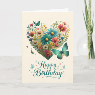 Happy Birthday Butterfly Wildflower Heart Card