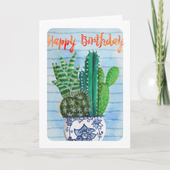 Happy Birthday Cactus Garden Illustration Card (Front)