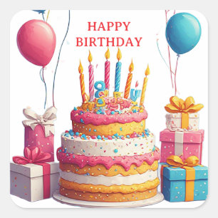 🎂 Happy Birthday Cake And Party Decorations 🎈 Square Sticker