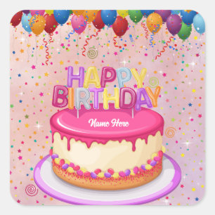 Happy Birthday Cake Balloon and Confetti  Square Sticker