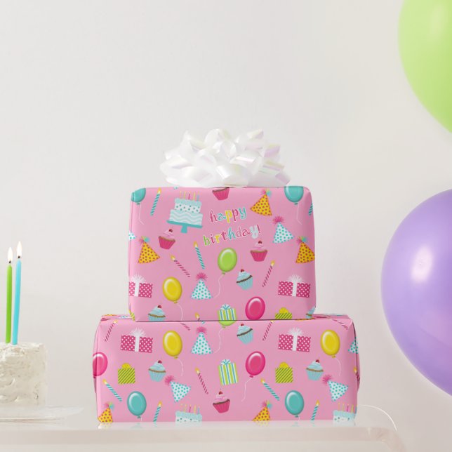 Happy Birthday Cake Balloons Candles Presents Aqua Wrapping Paper (Party Gifts)