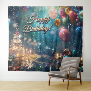 Happy Birthday Cake Balloons Party Decor Tapestry