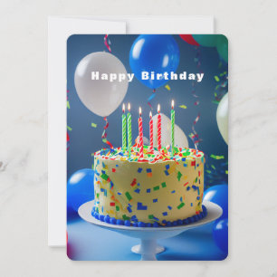  Happy Birthday Cake Blue White Balloons   Card