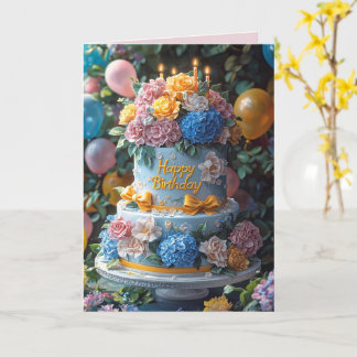 Happy Birthday Cake Candles Pretty Flowers Bows Card