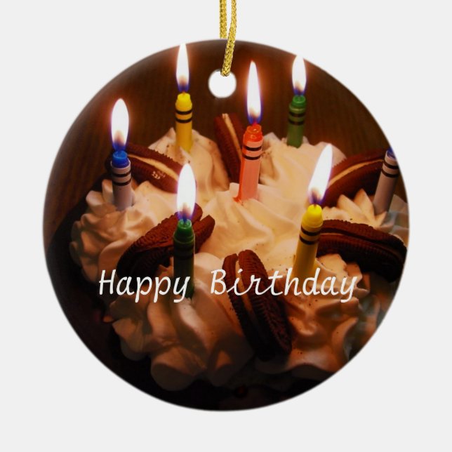 Happy Birthday Cake Ceramic Tree Decoration (Front)