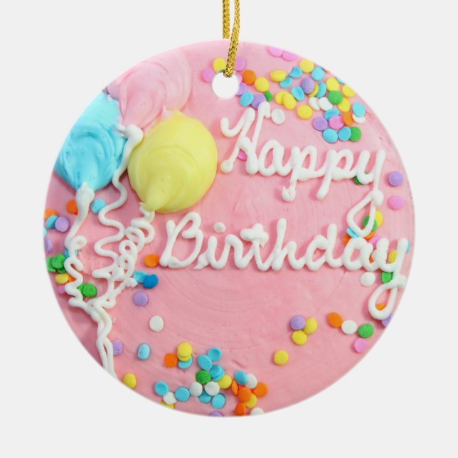 Happy Birthday Cake Ceramic Tree Decoration (Front)