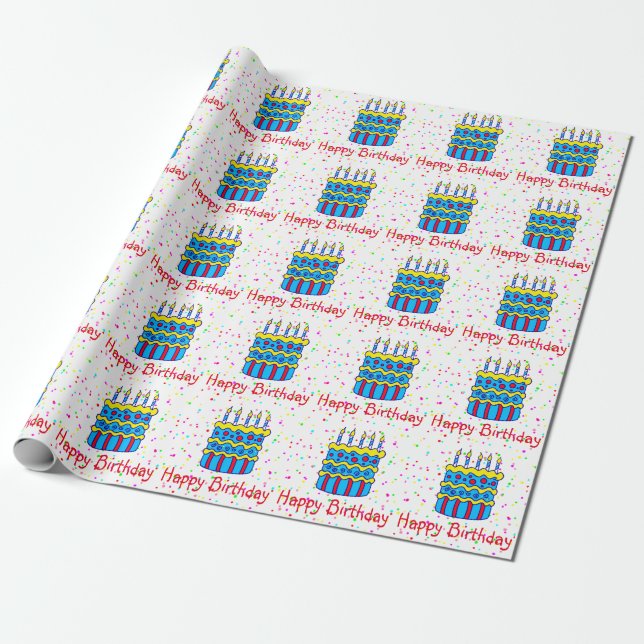 Happy Birthday Cake Confetti Party Wrapping Paper (Unrolled)