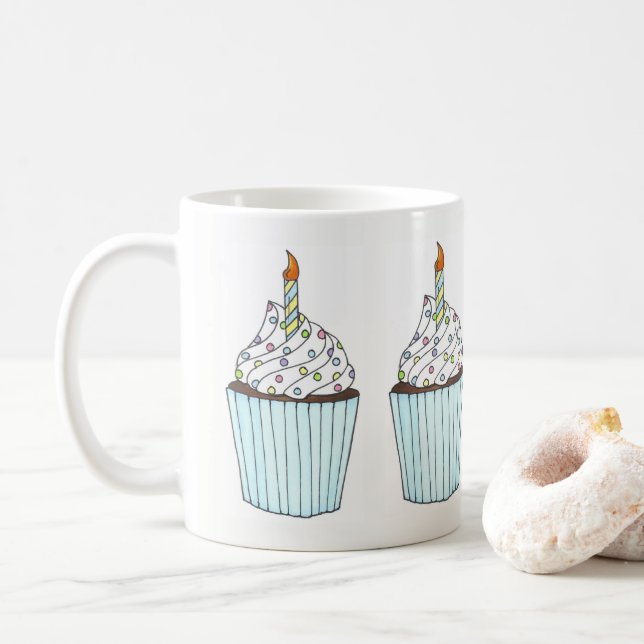 Happy Birthday Cake Cupcake Candle Sprinkles Party Coffee Mug (With Donut)