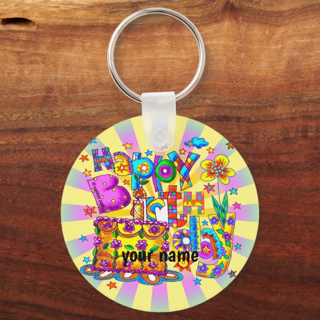 Happy Birthday Cake custom name Key Ring (Front)