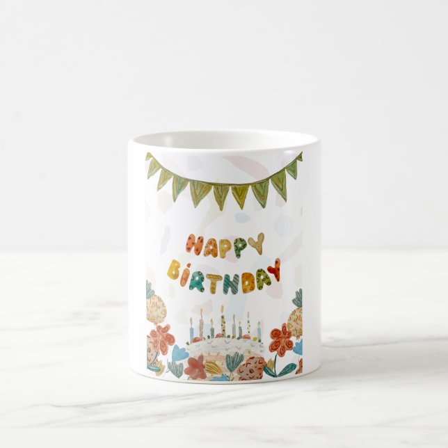 Happy Birthday cake flower cute colourful simple Coffee Mug (Center)