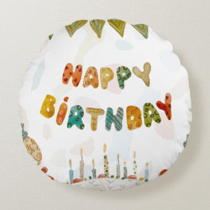 Happy Birthday cake flower cute colourful simple Round Cushion