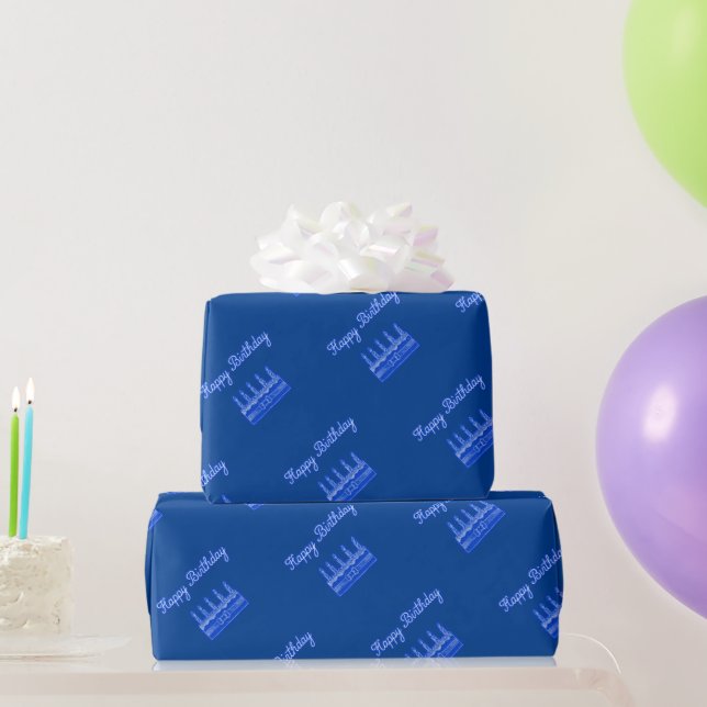 Happy Birthday Cake Neon Blue Sign Text and Cake  Wrapping Paper (Party Gifts)