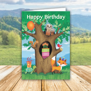 Happy Birthday Cake Owl Turtle Squirrel Red Bird Holiday Card