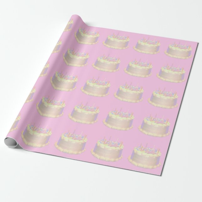 Happy Birthday Cake Pink Background Wrapping Paper (Unrolled)