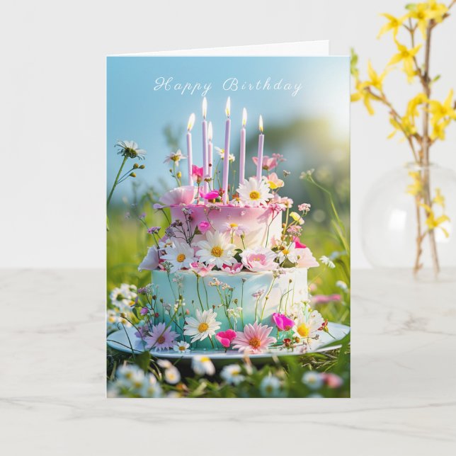 Happy Birthday Cake Pink Candles Spring Flowers  Card (Yellow Flower)