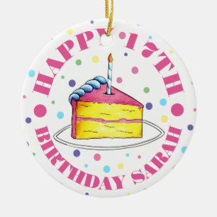Happy Birthday Cake Slice Candle Pastel Polka Dots Ceramic Tree Decoration