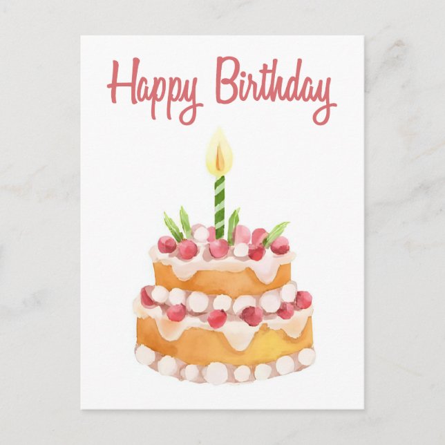 Happy Birthday Cake | Watercolor Strawberry Postcard (Front)
