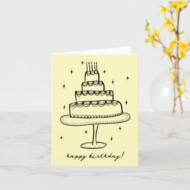 Happy Birthday Cake Whimsical Sketch Doodle  Card (Yellow Flower)