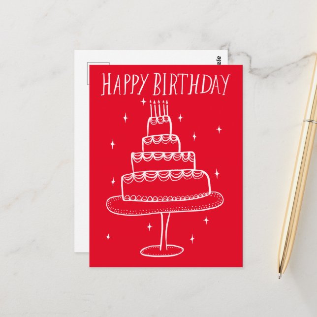 Happy Birthday Cake Whimsical Sketch Doodle  Postcard (Front/Back In Situ)