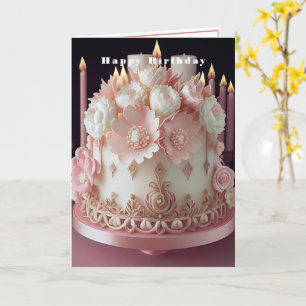 Happy Birthday Cake with Pink Candles and Flowers  Card