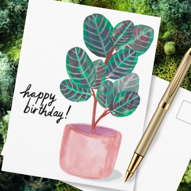 Happy Birthday Calathea Prayer Plant Watercolor Postcard (Watercolor plant with message of happy birthday, customize this postcard)