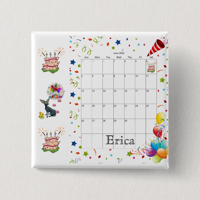 Happy Birthday Calendar June 2022 Button  (Front)