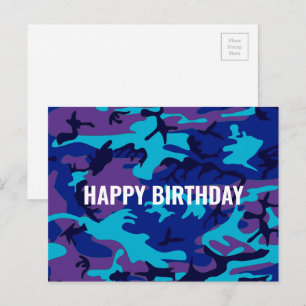 Happy Birthday Camouflage Dark Blue & Purple Postcard