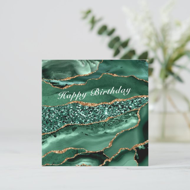 Happy Birthday Card Agate Green Gold Marble (Standing Front)