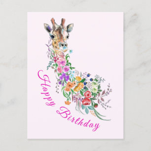 Happy Birthday Card Art Colourful Floral Giraffe